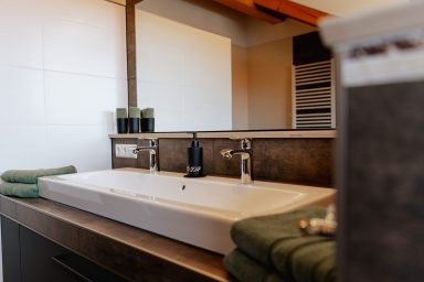 Modernes Badezimmer mit einem großen Waschbecken und grünen Handtüchern.